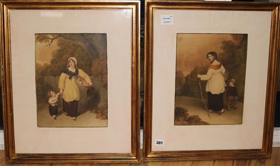 A pair of Victorian mother and child watercolours, largest 24 x 31cm